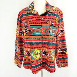 Chicos Button-Front Jacket LARGE Multi-Color Southwestern Aztec Print Cotton